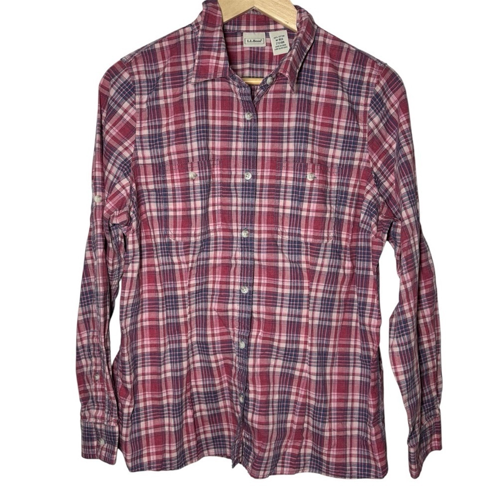 L.L. Bean Plaid Button Up Shirt Womens Medium Red Blue 100% Cotton Cowgirl Ranch